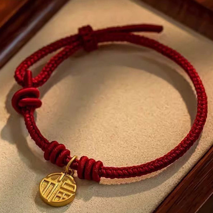 Buddha Stonesハンドメイド 8本糸 平和結び 福文字 チャーム 幸運 幸福 赤いロープ ブレスレット