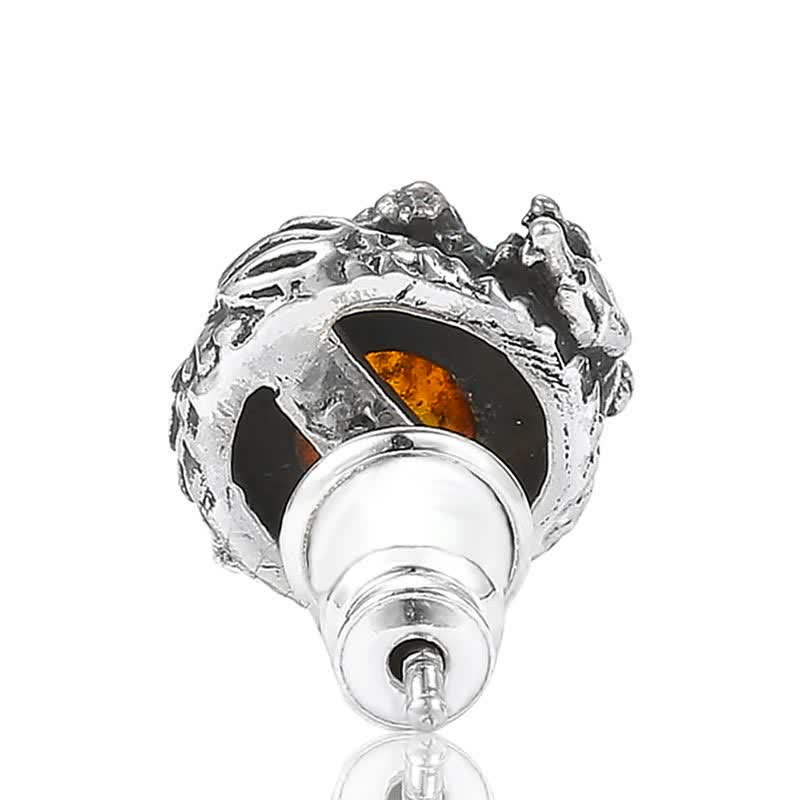 Buddha Stones925スターリングシルバー 天然琥珀 ドラゴン 成功の守護 スタッドピアス