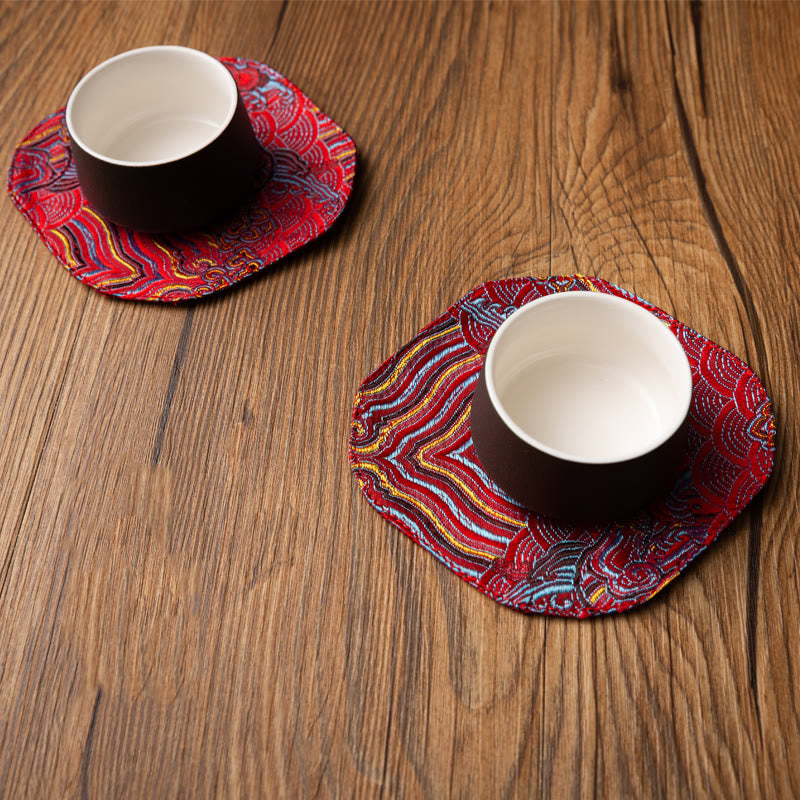 Buddha Stones、海波、竹、梅の花、錦織りの刺繍、カップマットパッド、ティーカップコースター、カンフーティーマット