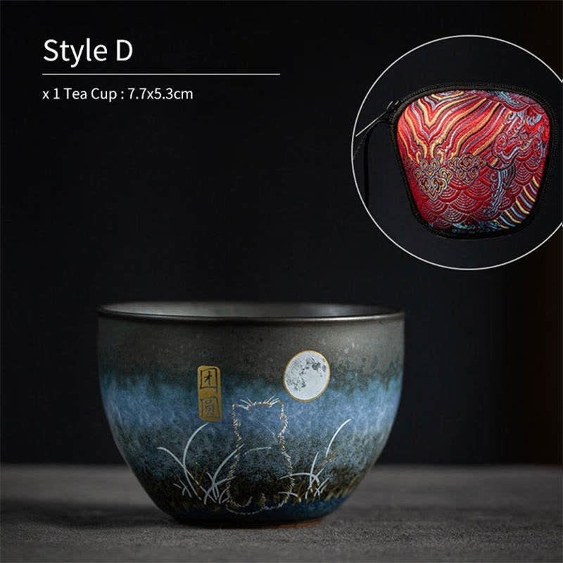 Buddha Stones陶器ティーカップ 愛らしい猫 ブラックティーカップ 140ml