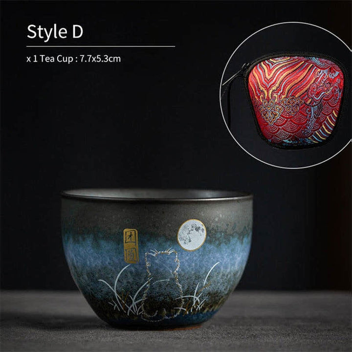 Buddha Stones陶器ティーカップ 愛らしい猫 ブラックティーカップ 140ml