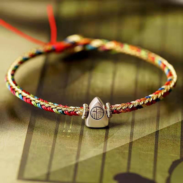 Buddha Stones925 スターリングシルバー 福文字粽柄 マルチカラーストリング 幸運 ハンドメイド 編み込みブレスレット