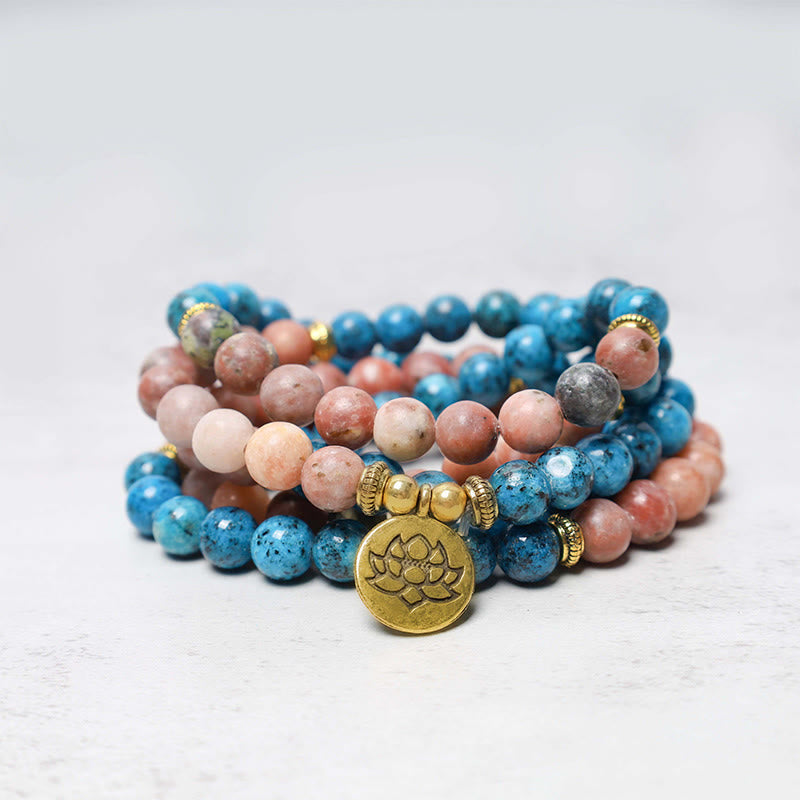 Buddha Stones108 個Malaビーズ アパタイト レッドストーン ロータス 瞑想 祈り ビーズ ブレスレット