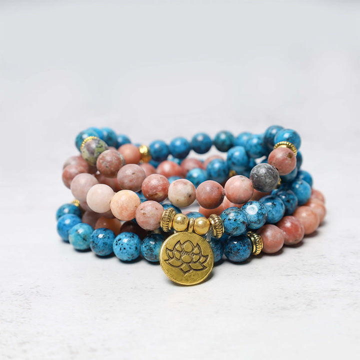 Buddha Stones108 個Malaビーズ アパタイト レッドストーン ロータス 瞑想 祈り ビーズ ブレスレット
