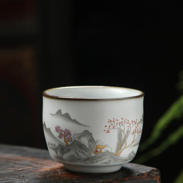 Buddha Stones、ビワ、ライチ、雪景色、ブドウ、リンゴ、陶器のティーカップ、カンフーティーカップ