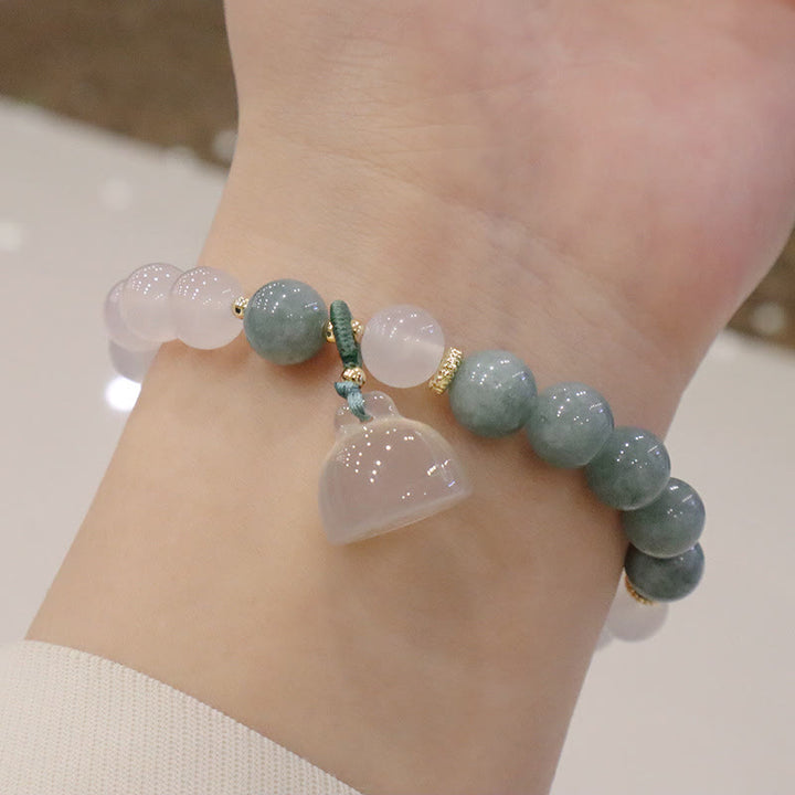 Buddha Stones白瑪瑙 翡翠 蓮の花 平和バックル 守護ブレスレット