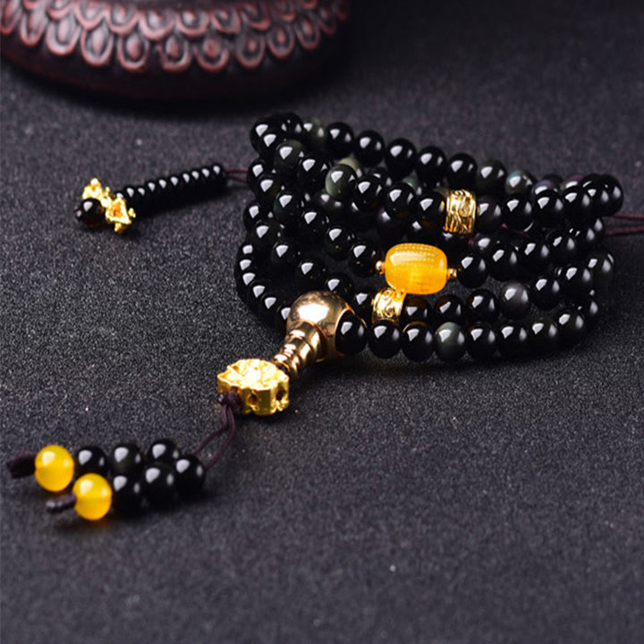 Buddha Stones108 ビーズ 天然黒曜石 蓮 成就Malaブレスレット