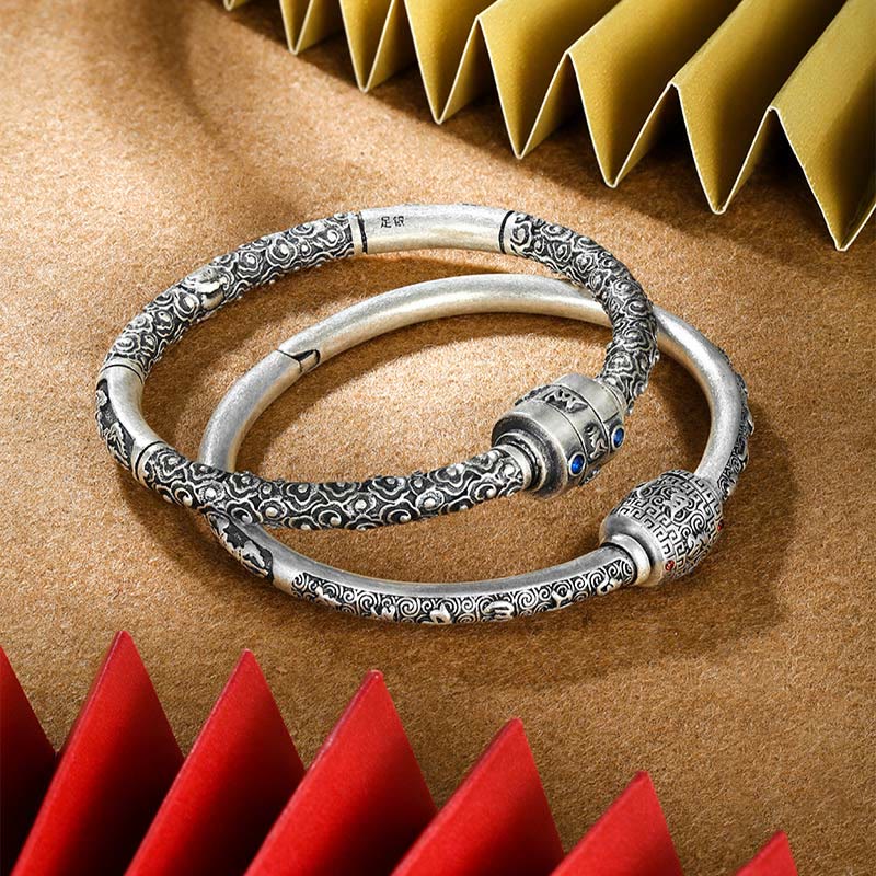 Buddha Stones990 スターリングシルバー チベットの吉兆の雲オーム・マニ・パドメ・フム彫刻 創造性 ブレスレット バングル
