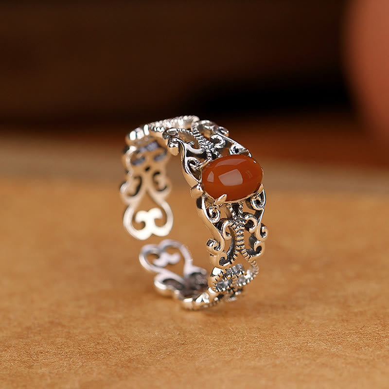 Buddha Stones925スターリングシルバー ヴィンテージ レッドアゲート 自己受容 穏やかリング