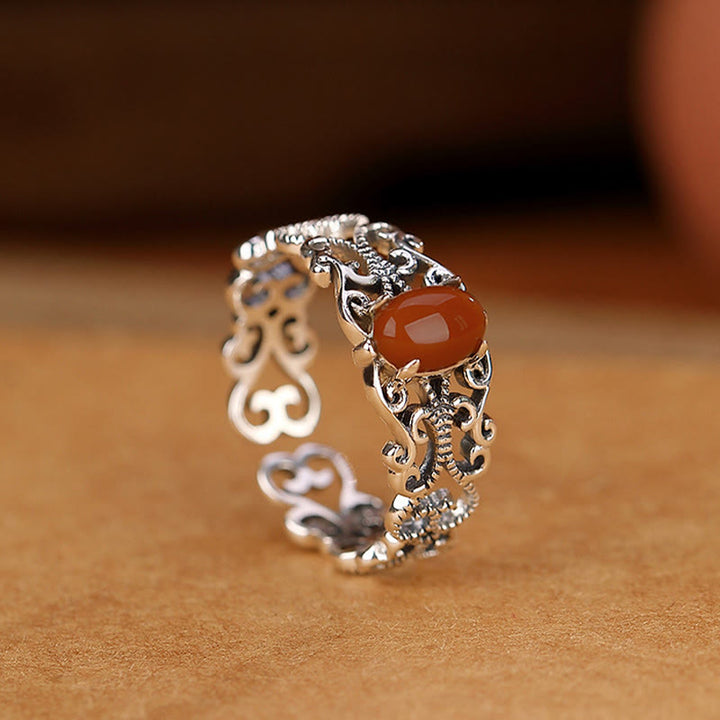 Buddha Stones925スターリングシルバー ヴィンテージ レッドアゲート 自己受容 穏やかリング