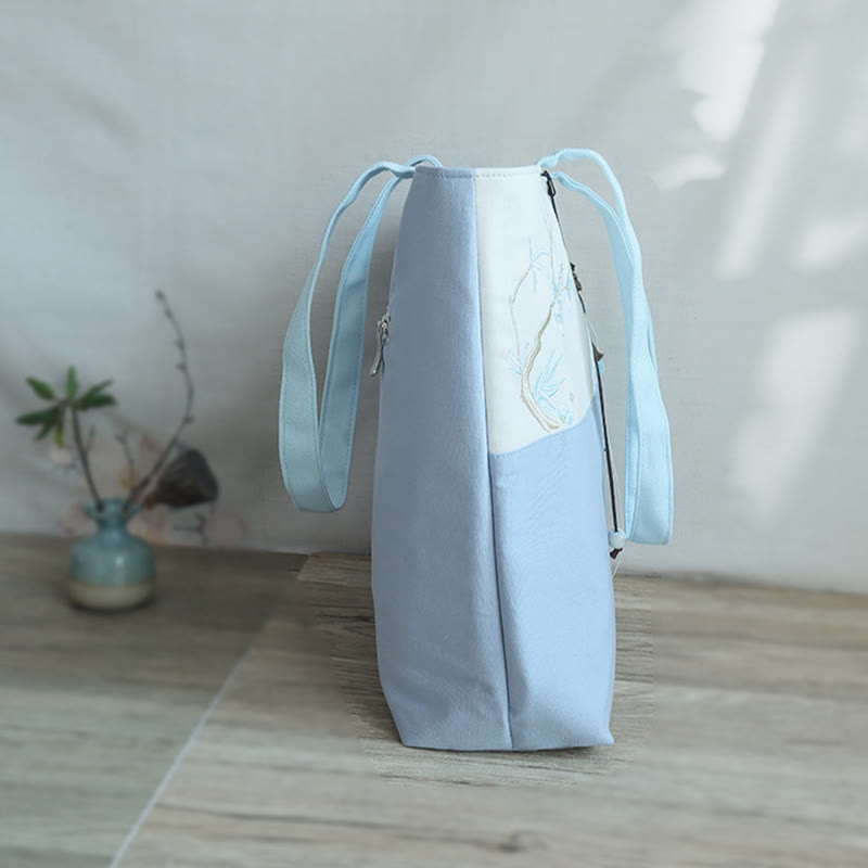 梨花 梅 桃の花 竹刺繍 キャンバス 大容量 ショルダーバッグ トートバッグ