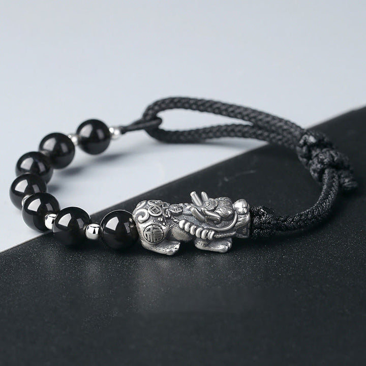 Buddha Stones999スターリングシルバー 風水 貔貅 天然黒曜石 925スターリングシルバー ビーズ 強度ブレスレット