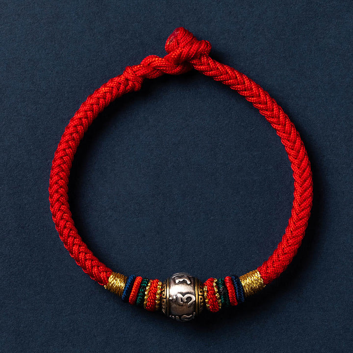 Buddha Stones925 スターリングシルバー チベット ハンドメイドオーム・マニ・パドメ・フム幸運の守護 キングコングノット 編み込みブレスレット