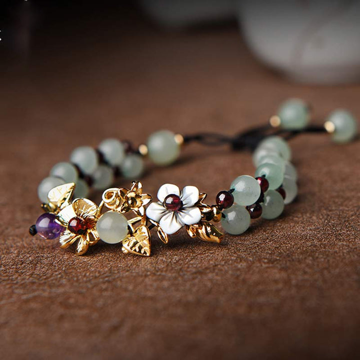 グリーンアベンチュリン ガーネット ビーズ 花びら 幸運 パワーストーンブレスレット Buddha Stones