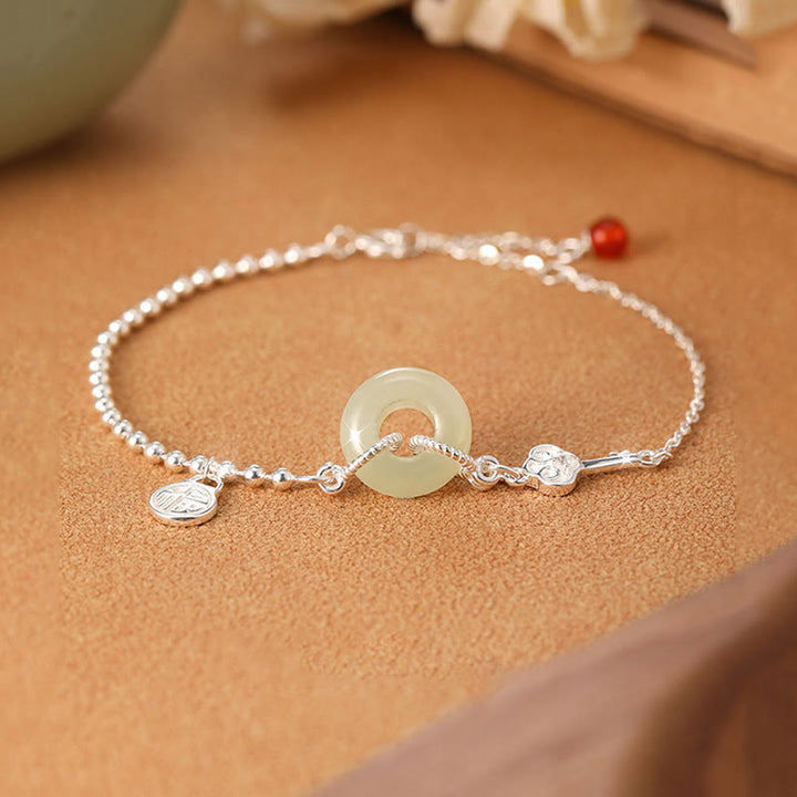 Buddha Stones925スターリングシルバー和田翡翠平和バックル福文字幸運チェーンブレスレット
