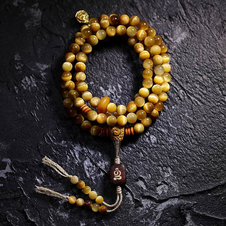 Buddha Stones 108Mala天然タイガーアイ 銅製 ドルジェ 守護 タッセルブレスレット