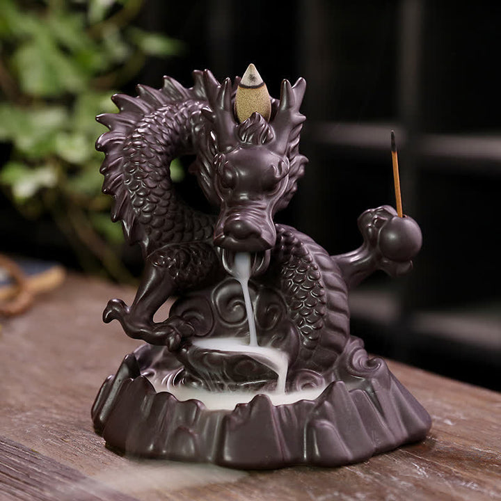 Buddha Stones縁起の良い龍 セラミック 逆流煙噴水 瞑想 癒し 香炉 LED ボール 装飾