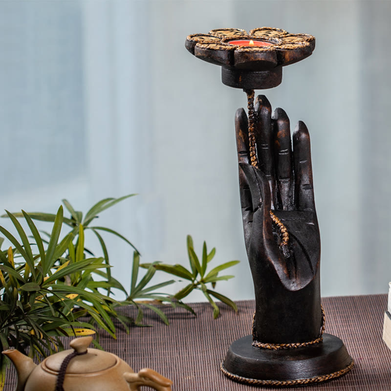 Buddha Stonesの手模様の木製キャンドルスティックホームキャンドルホルダー装飾