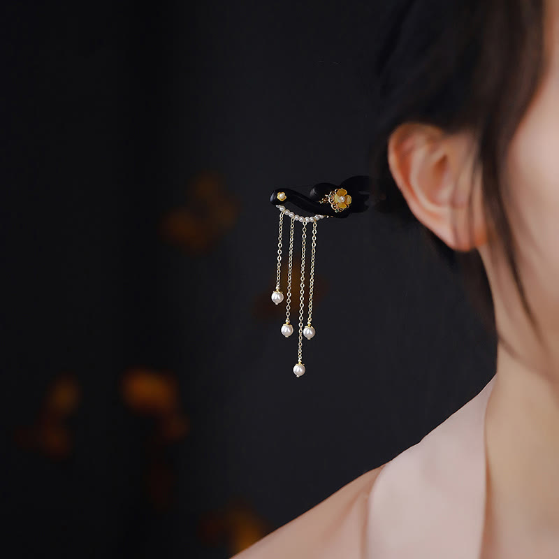 Buddha Stones、黒檀、黄色の花、真珠のタッセル、ヘアピン