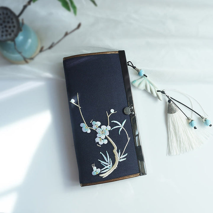 Buddha Stonesの花、梅、桃の花、竹の両面刺繍、大容量のキャッシュホルダーウォレット、ショッピングバッグ - ネイビーブループラムバンブー - image 22