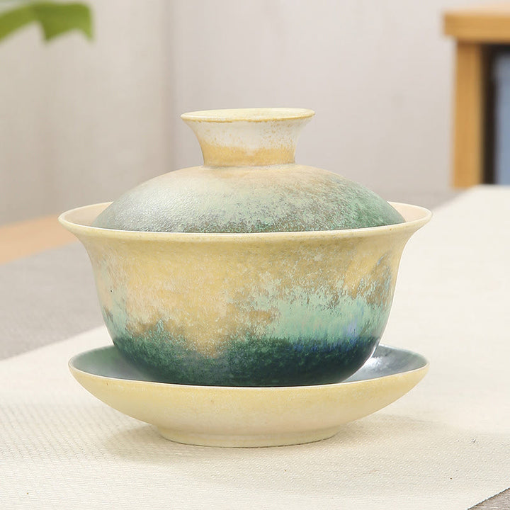 Buddha Stones緑の海の波模様 磁器 セラミック 蓋碗 三彩 ティーカップ カンフー ティーカップ ソーサー 蓋付き