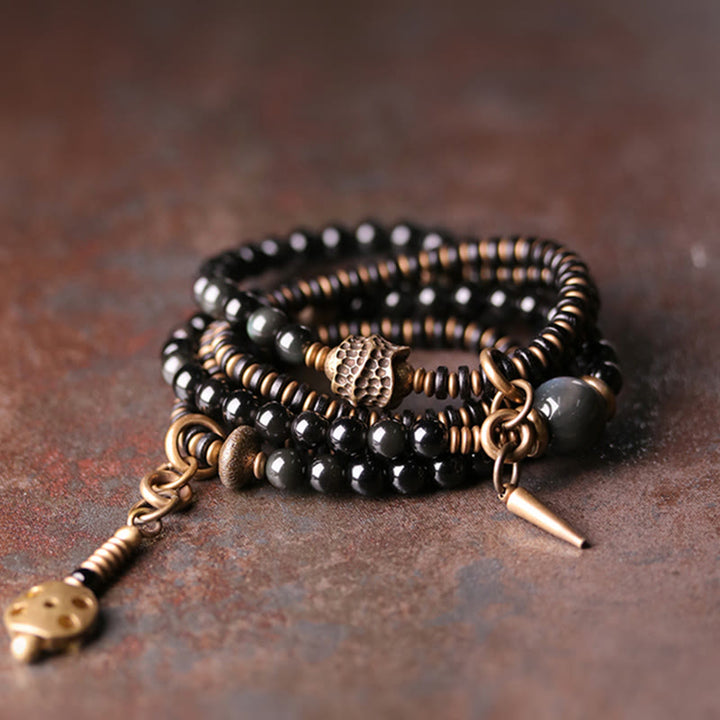 Buddha Stonesレインボーオブシディアン 黒檀 木 銅 ポジティブ マルチレイヤーブレスレット