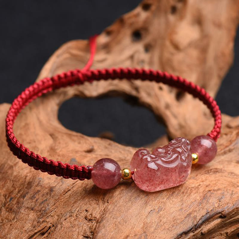 Buddha Stones天然ストロベリークォーツ貔貅幸運の赤紐ブレスレット