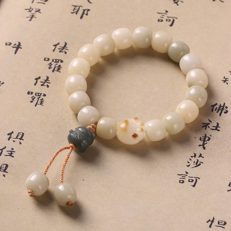 Buddha Stones招き猫 菩提樹 猫の足跡 平和ブレスレット - 菩提種子グリーンキャット - image 1