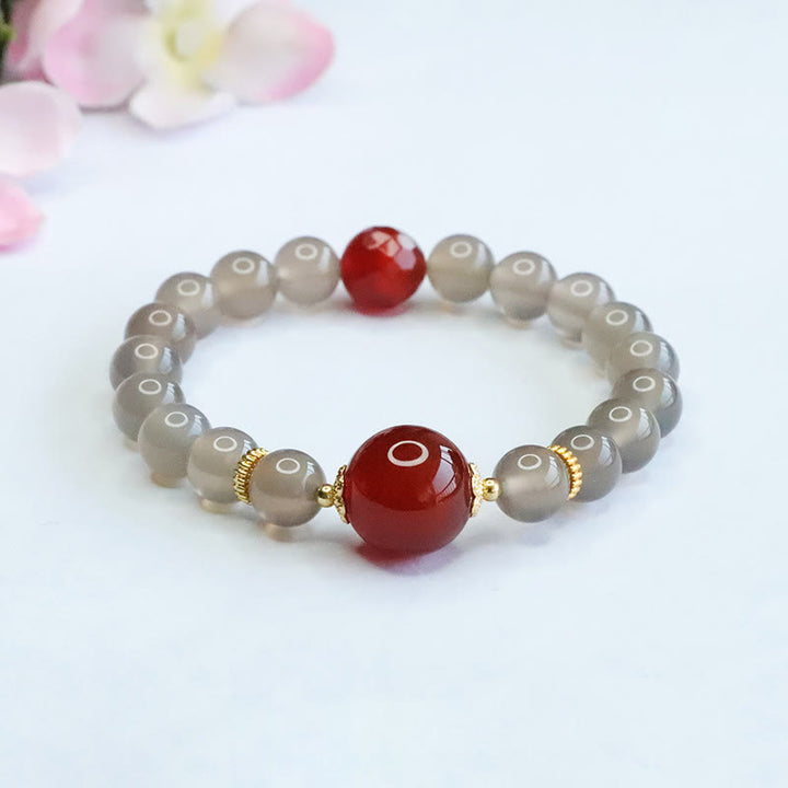 Buddha Stones天然グレーカルセドニー レッドアゲート ハーモニーブレスレット