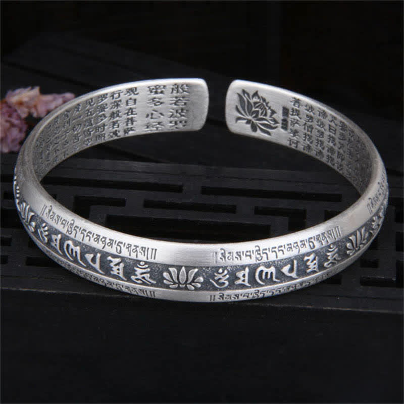 Buddha Stones999スターリングシルバーオーム・マニ・パドメ・フム般若心経 蓮華座 平和ブレスレット バングル