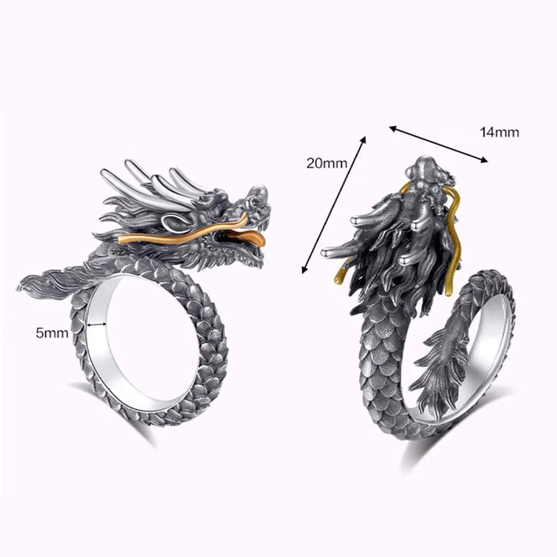 Buddha Stones925 スターリングシルバー ヴィンテージ ドラゴンデザイン 保護 強度 調節可能 リング