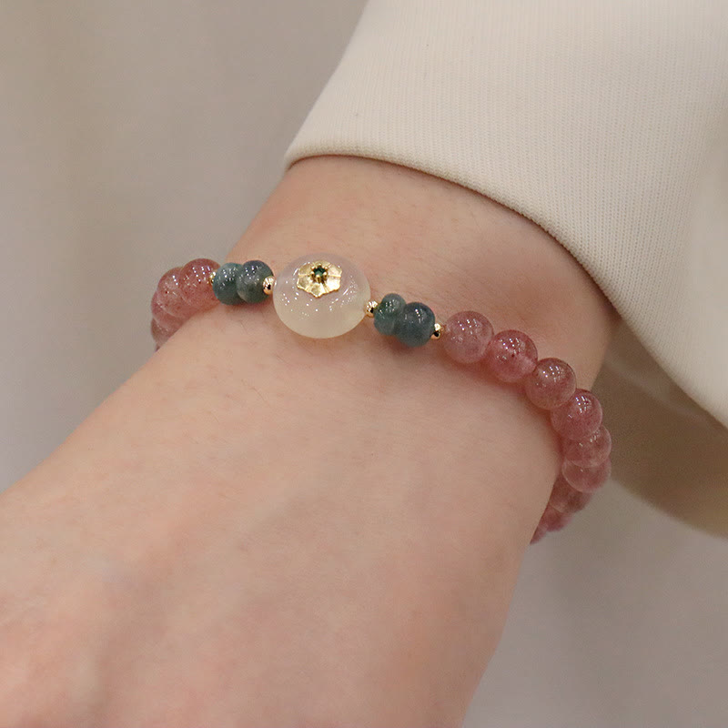 Buddha Stones天然ストロベリークォーツ カルセドニー 翡翠 ヒーリングブレスレット
