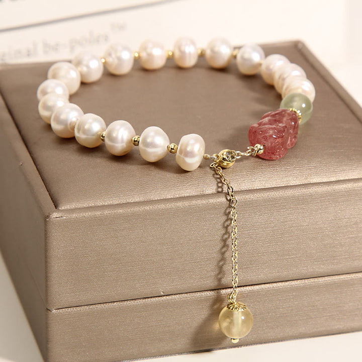 Buddha Stones天然真珠ストロベリークォーツ貔貅楽観チャームブレスレット