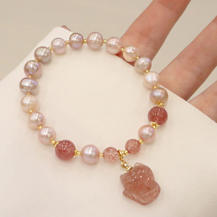 Buddha Stones天然パール ストロベリークォーツ キュートフォックス ラブヒーリングチャームブレスレット