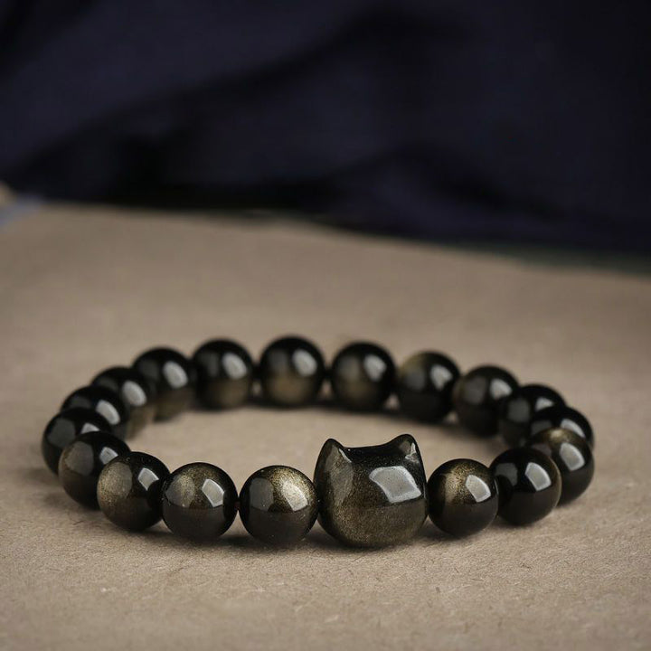 Buddha Stones金色光沢黒曜石 銀色光沢黒曜石 愛らしい足跡 招き猫守護ブレスレット - image 5