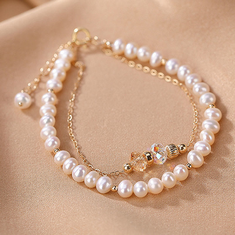 Buddha Stones925スターリングシルバー 14Kゴールドメッキ 天然パールクリスタル ヒーリング ダブルレイヤーブレスレット