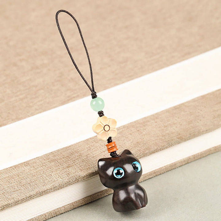 Buddha Stonesミニ小葉紫檀黒檀キャットラブリーキティピースキーチェーン電話吊り下げ装飾 - 電話用吊り下げ装飾 - エボニーキャット - image 14