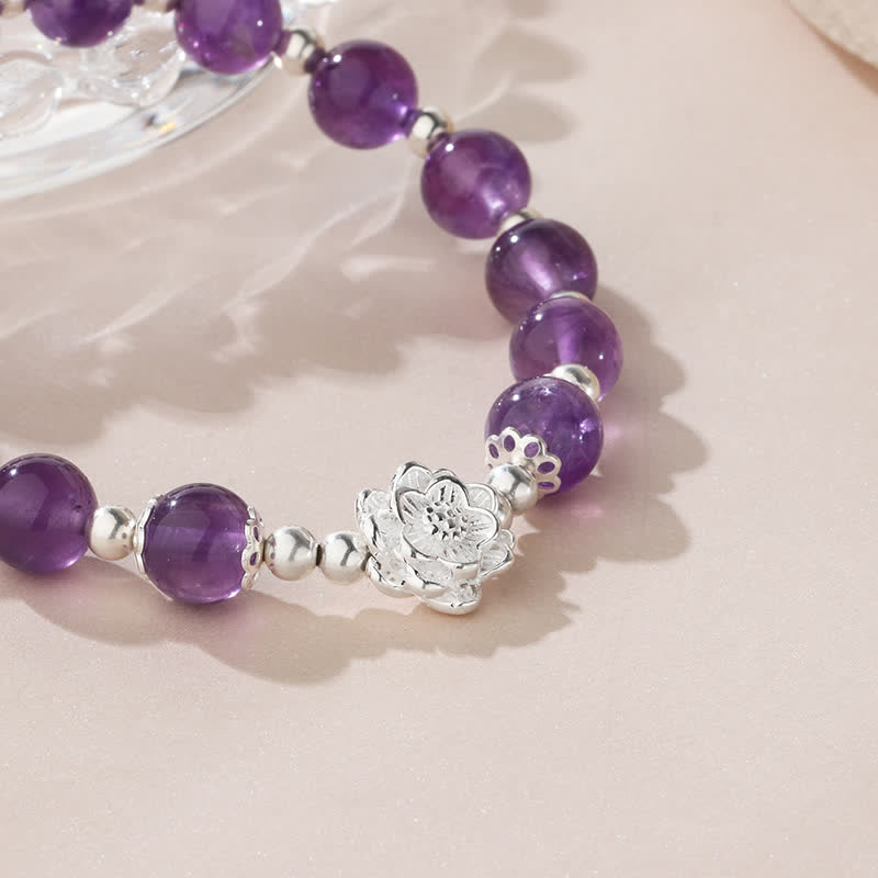 Buddha Stones925スターリングシルバー 天然アメジスト ロータス スピリチュアルブレスレット