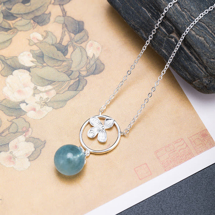 Buddha Stones 925スターリングシルバー 天然アクアマリン リーフフラワー ピース イヤリング ネックレス