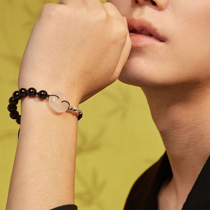 Buddha Stones 925スターリングシルバー ブラックオブシディアンアゲート ピースバックル ストレングスブレスレット