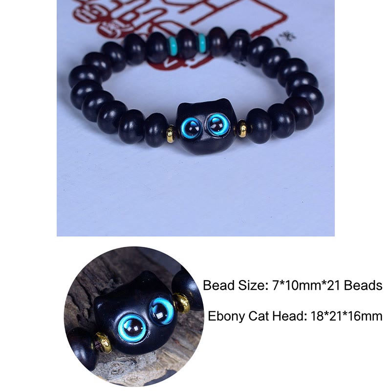 Buddha Stones、黒檀、琉璃ガラス、愛らしい猫の平和バランスブレスレット - image 8