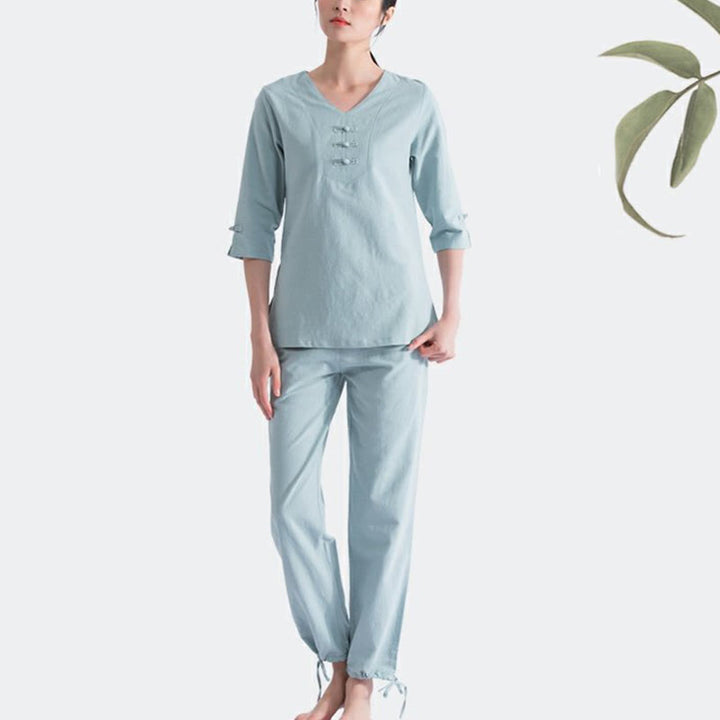 Buddha Stonesヨガ瞑想祈りVネックデザインコットンリネン服ユニフォーム禅練習レディースセット