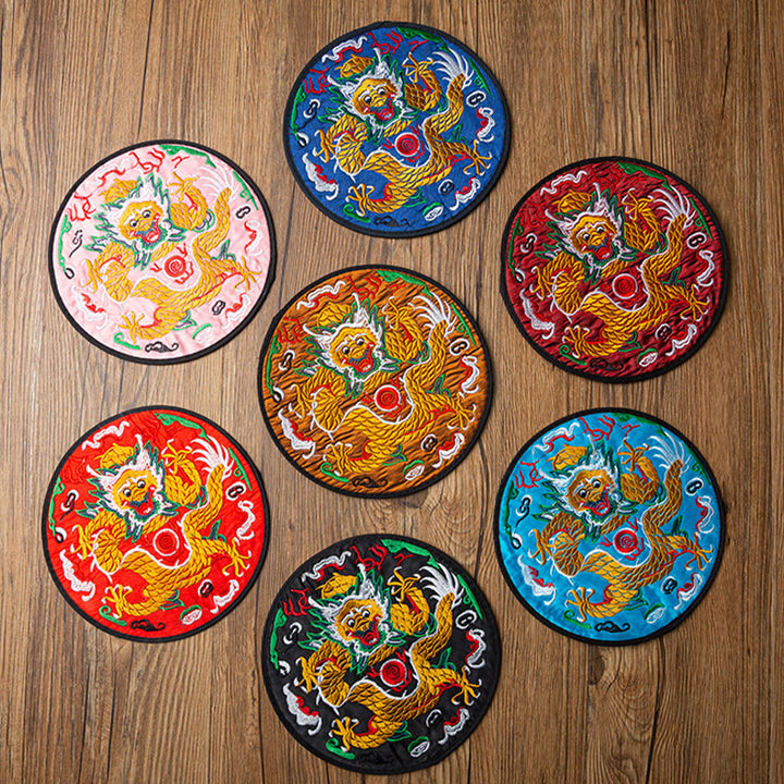 Buddha Stones龍刺繍カップマットパッドティーカップコースターカンフーティーマット