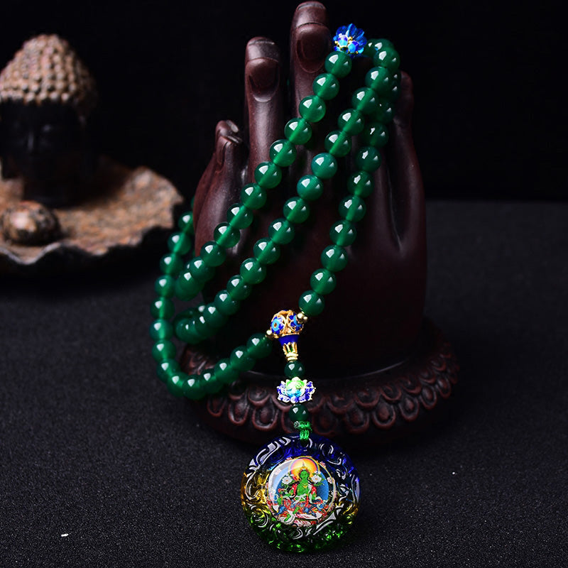 Buddha Stones 108Malaビーズ 天然グリーンアゲート 菩薩 グリーンターラ 顕現チャームブレスレット