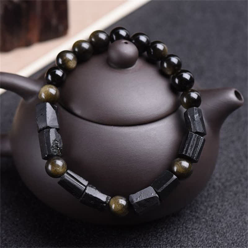 Buddha Stonesゴールドシーンオブシディアン ブラックトルマリン ウェルスブレスレット