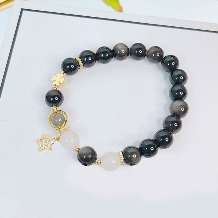 Buddha Stones天然銀光沢黒曜石 ラブハート スターフラワー 守護ブレスレット