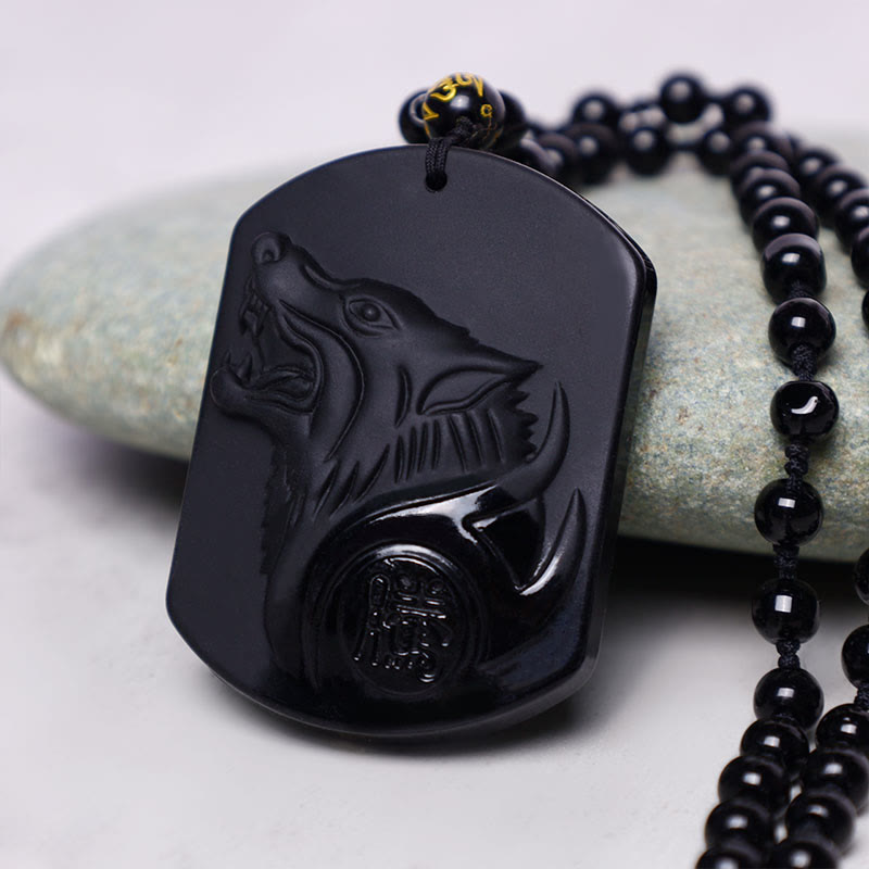 Buddha Stones黒曜石 ウルフ浄化ペンダントネックレス