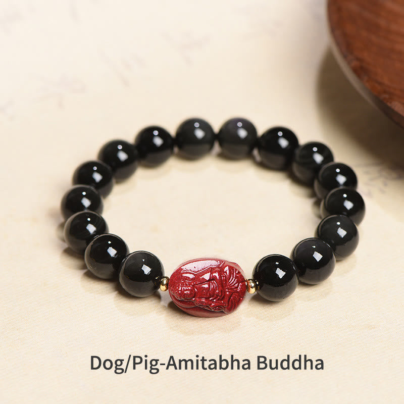 Buddha Stones十二支誕生仏天然黒曜石 辰砂 浄化ブレスレット