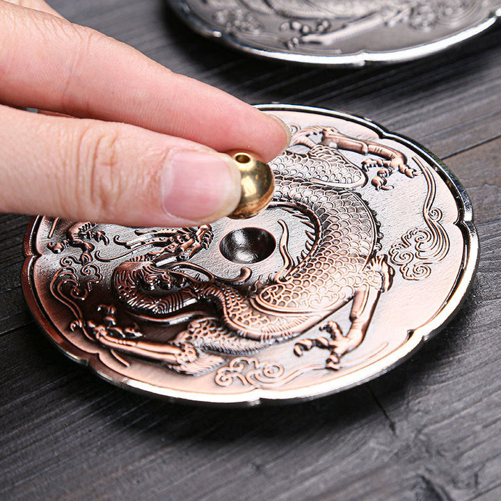 Buddha Stones丸型 縁起の良い龍 守護 銅合金 スティック型 香炉 装飾