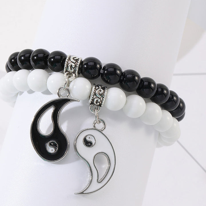 Buddha Stones2個入り ブラックオニキス ホワイトターコイズビーズ 陰陽守護 カップルブレスレット